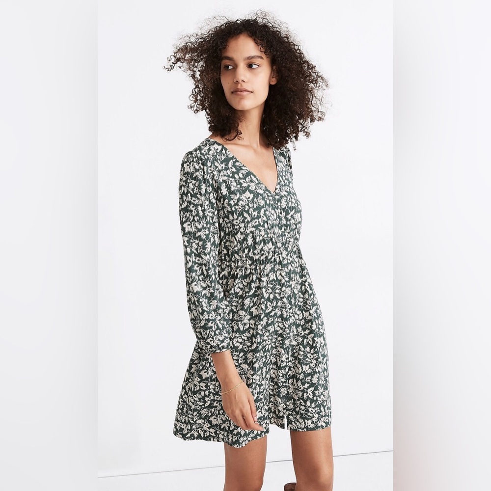 Madewell V-Neck Button-Front Mini Dress in Forest Leaves